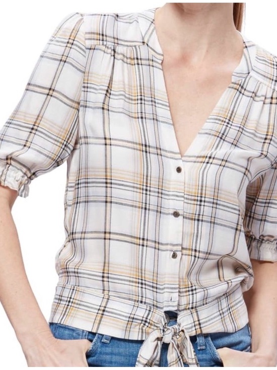 PAIGE Tops - PAIGE Annecy White Plaid Tie-Hem Button-Down Top Tan & Black Lines Size Small
